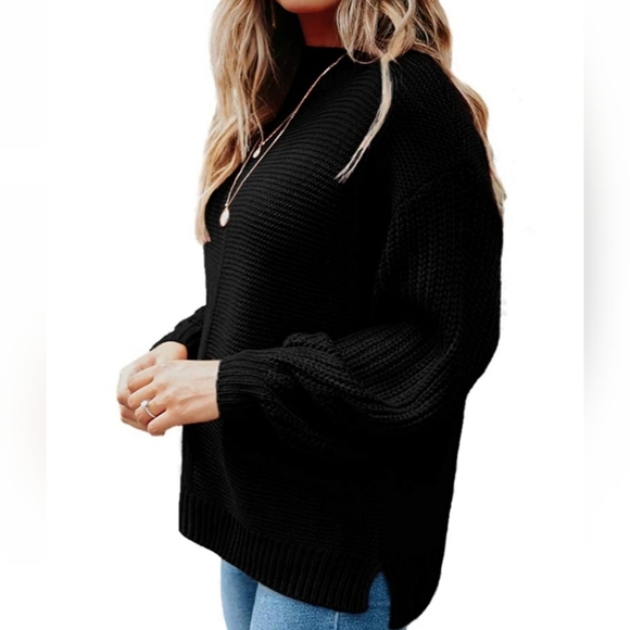 BLACK Mock Neck Fall Sweaters Trendy Balloon Sleeve Slouchy Knit Pullover Jumper - Picture 2 of 4